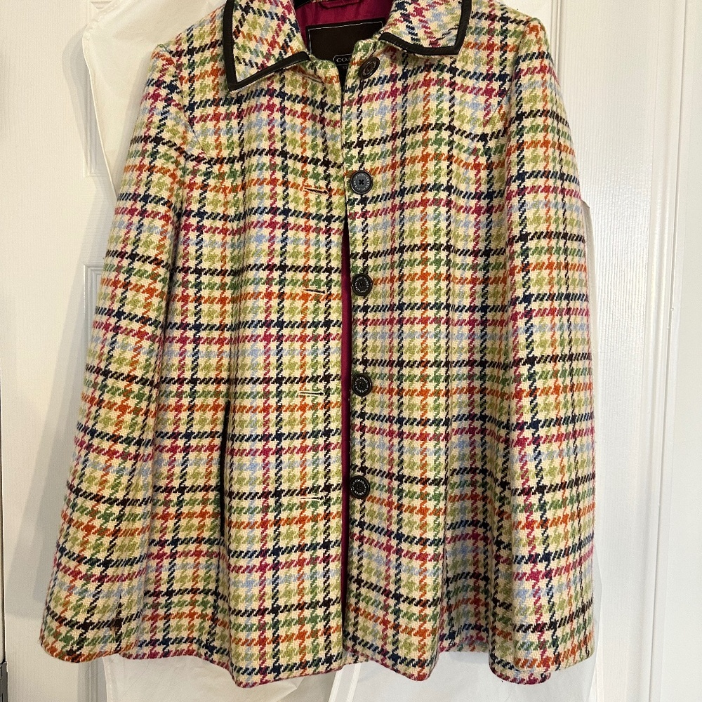 Coach Tattersall Hampton Tweed Plaid Rainbow Houndstooth Wool Pea Coat Jacket